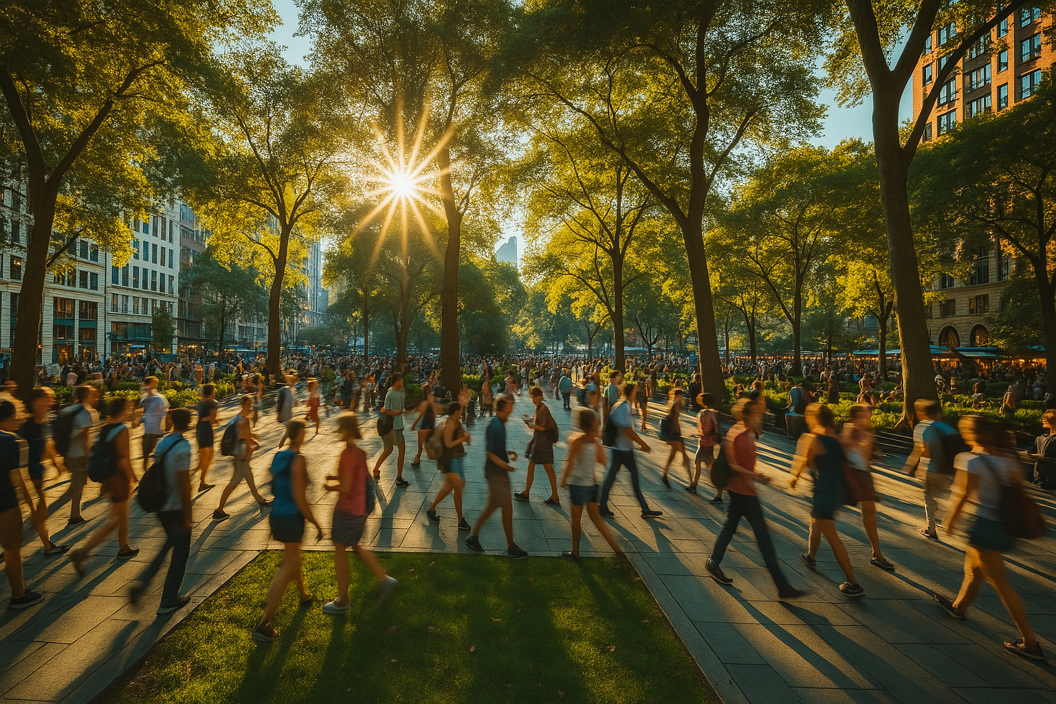 Crowd of people walking through a sunlit urban park